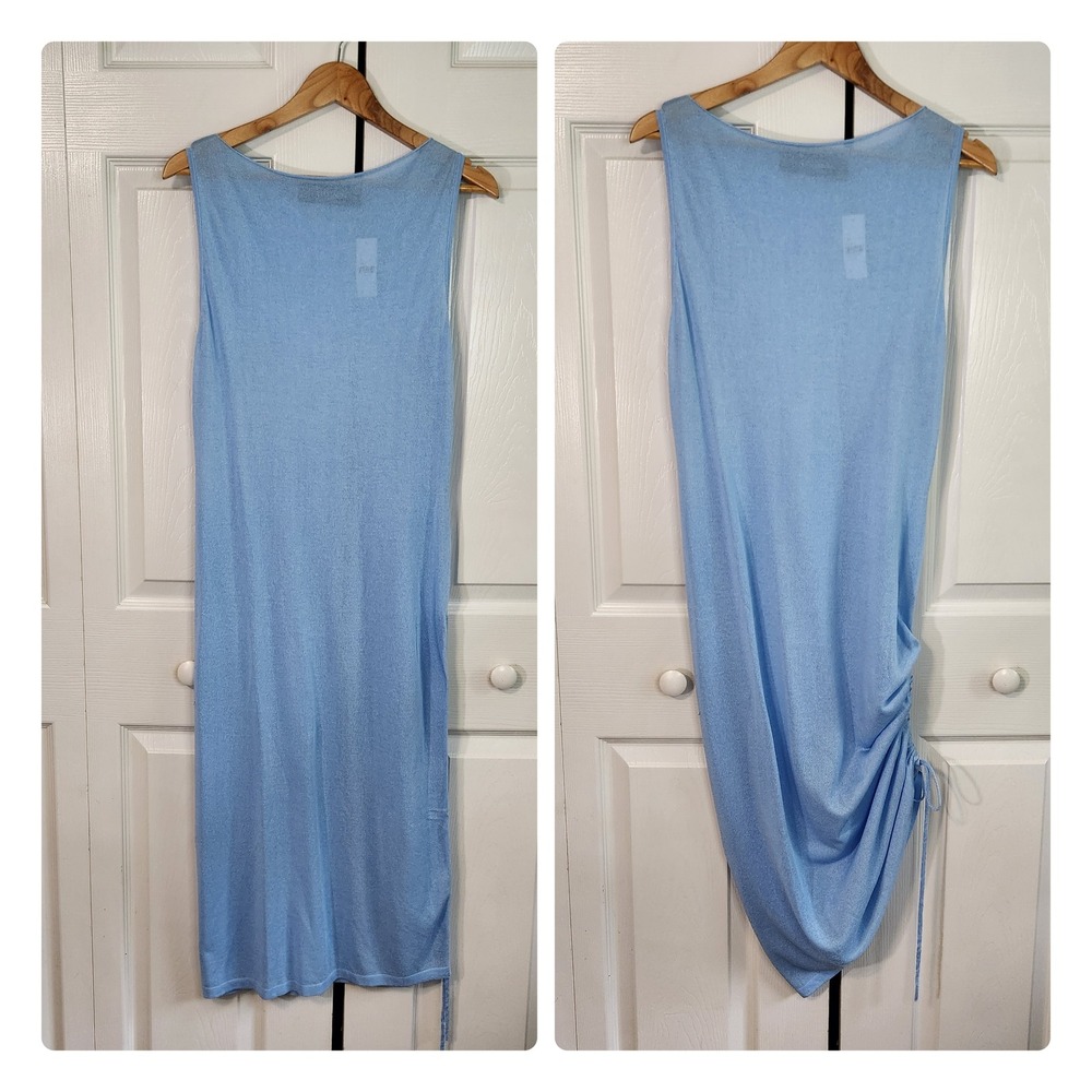 Gabrielle Union Light Blue Ruched Side Knit Midi Dress NWT Large Chic Semi-Sheer
